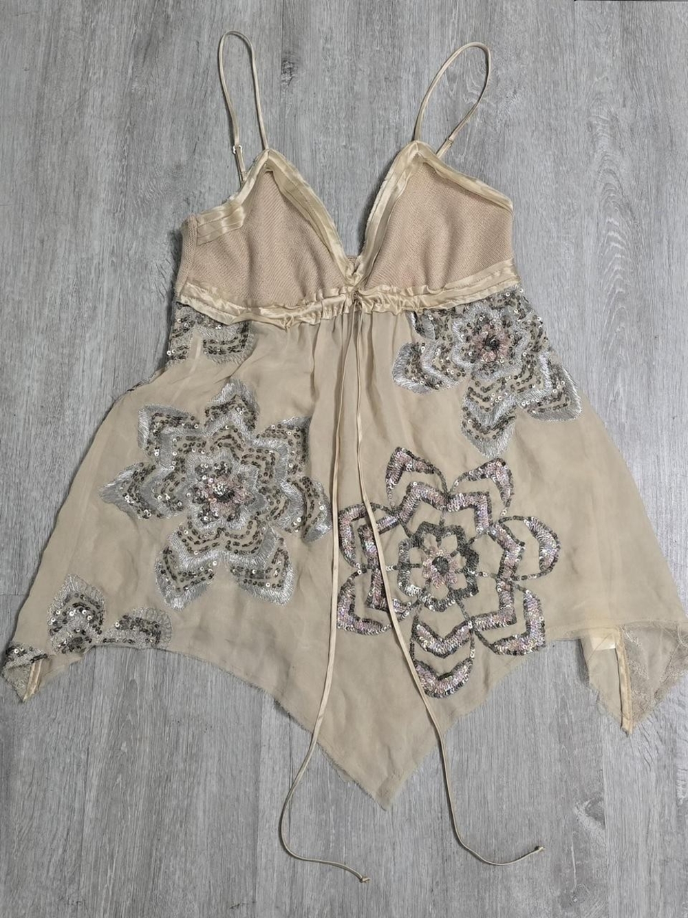 Vintage Y2K Poleci 100% Silk Sequin Floral Babydoll Cami Top Fairycore Size 2